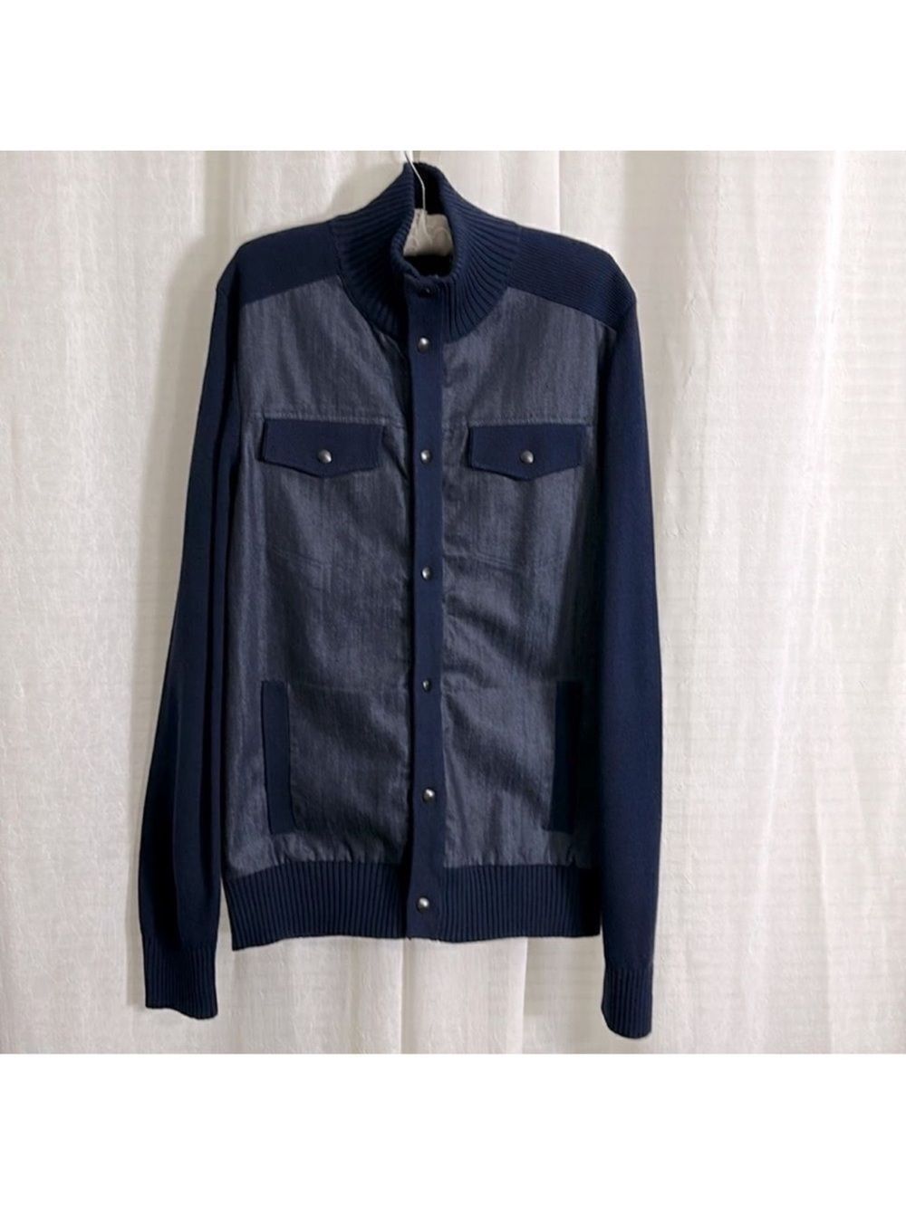 BR LT Indigo Denim Front Knit Full Zip Snap Front Mock Neck Cardigan
